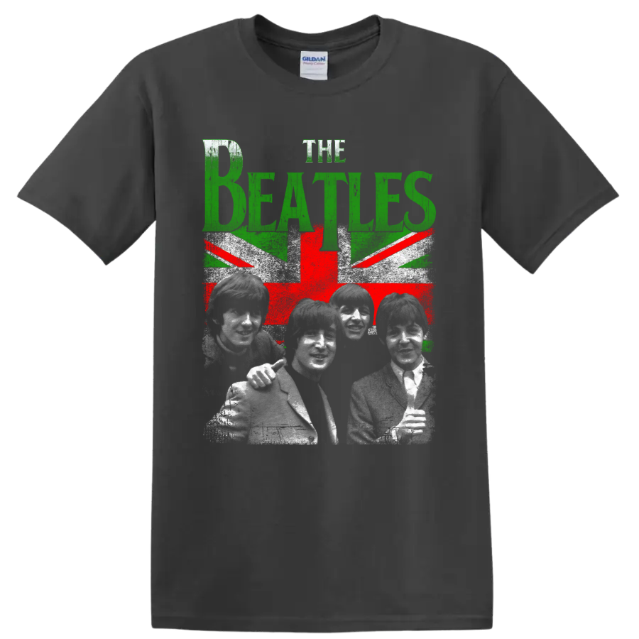 The Beatles portraits with distressed green lettering and Union Jack-inspired graphic on a Charcoal T Shirt