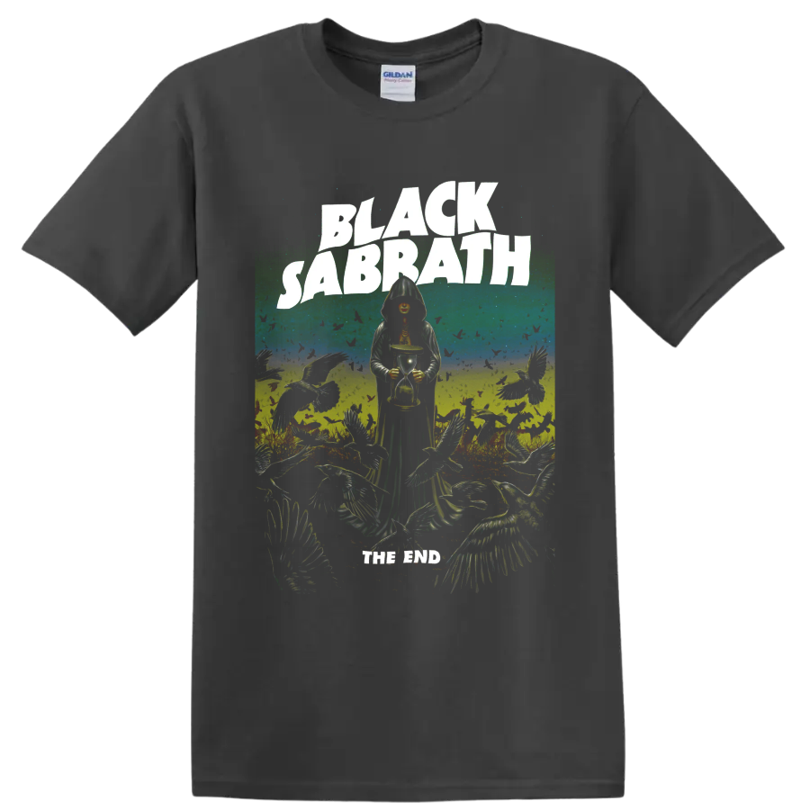 Black Sabbath The End Tour gothic reaper and hourglass graphic print on a Charcoal T Shirt