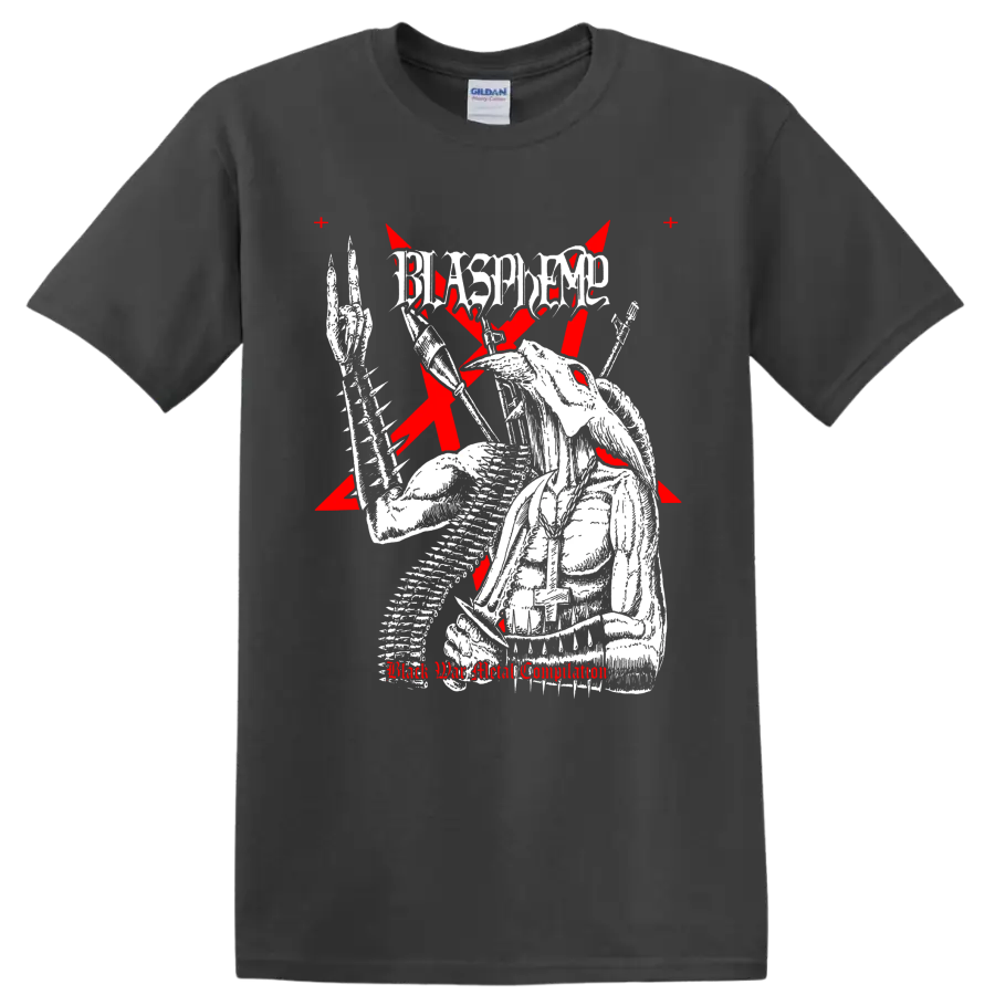 Blasphemy skeletal armored warrior graphic with red crosses and distressed logo on a Charcoal T Shirt