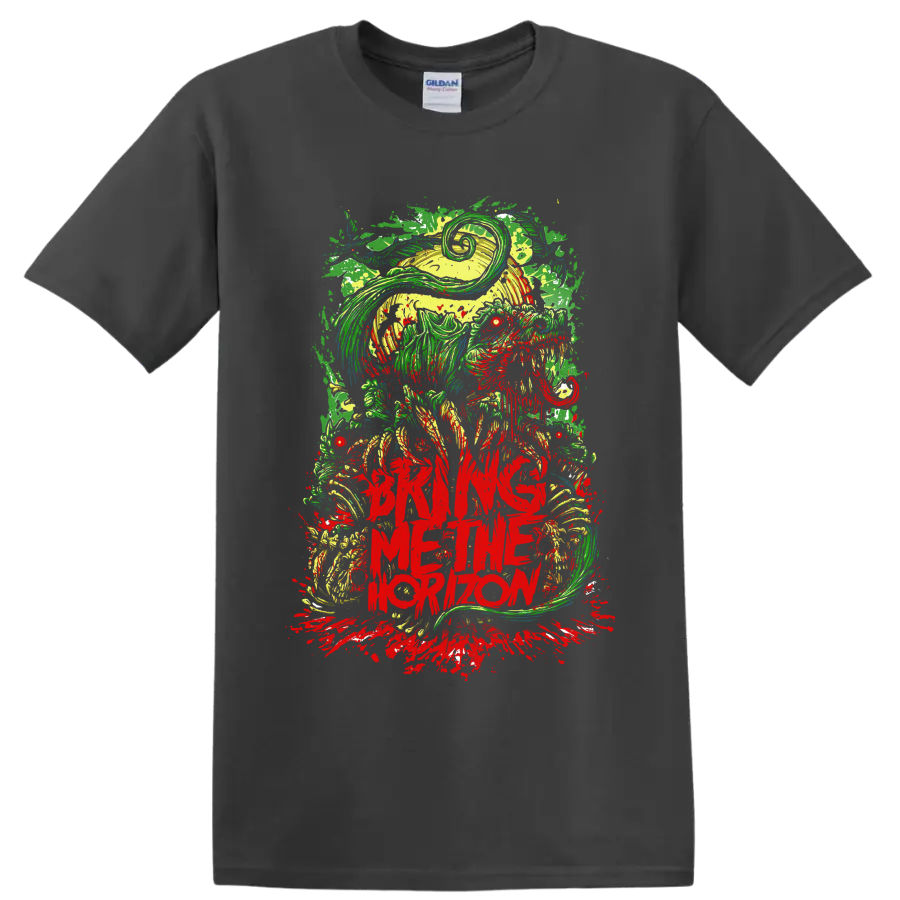 Bring Me the Horizon neon hooded skull horror graphic with red splatter on a Charcoal T Shirt