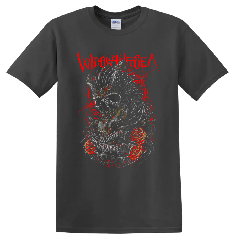 Widow the Sea skull and roses graphic with distressed red splatter on a Charcoal T Shirt