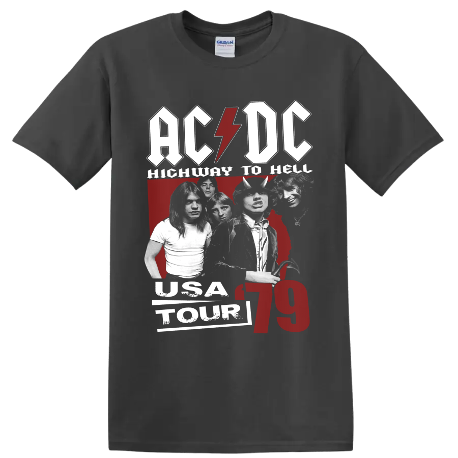 AC/DC Highway to Hell USA Tour 79 band photo collage with lightning-bolt logo on a Charcoal T Shirt