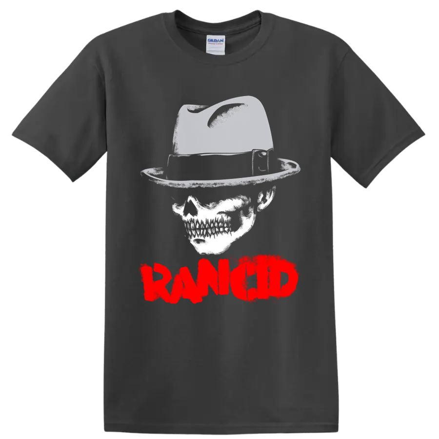 Rancid skull and raised boot graphic with distressed red wordmark on a Charcoal T Shirt