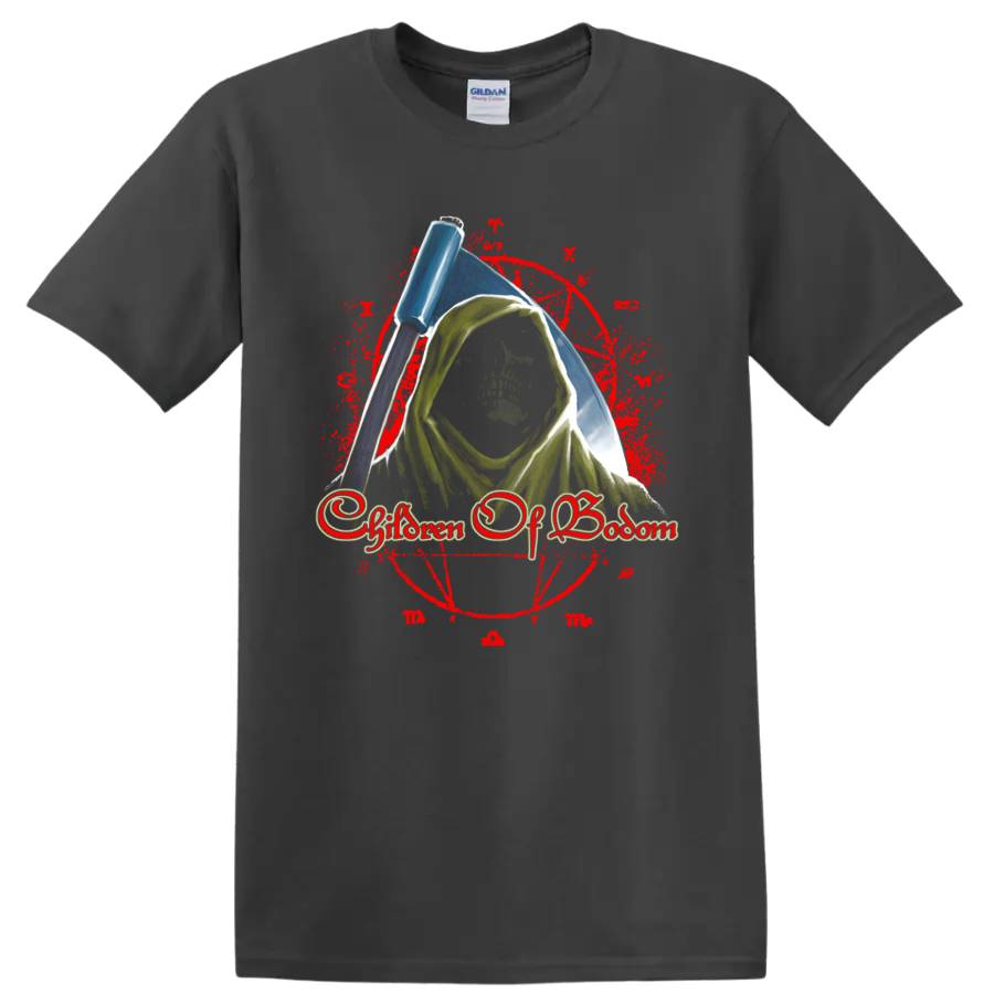 Children of Bodom Roy reaper mascot with blue scythe and distressed red circle on a Charcoal T Shirt