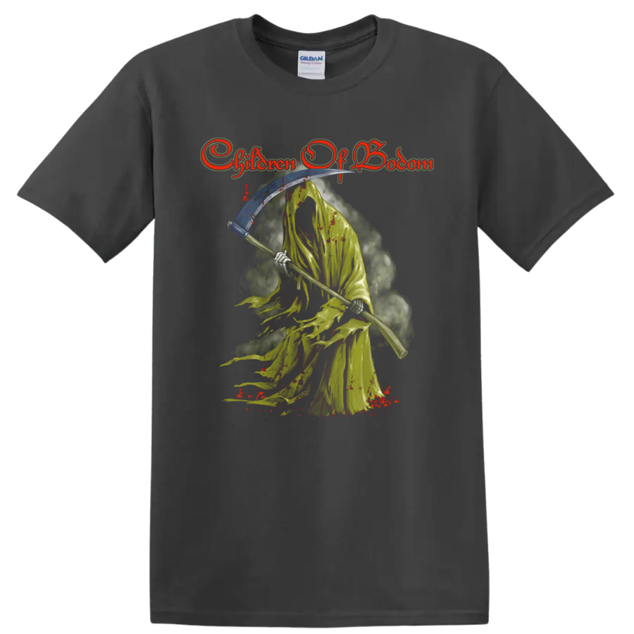 Children of Bodom logo above a distressed hooded reaper holding a scythe on a Charcoal T Shirt