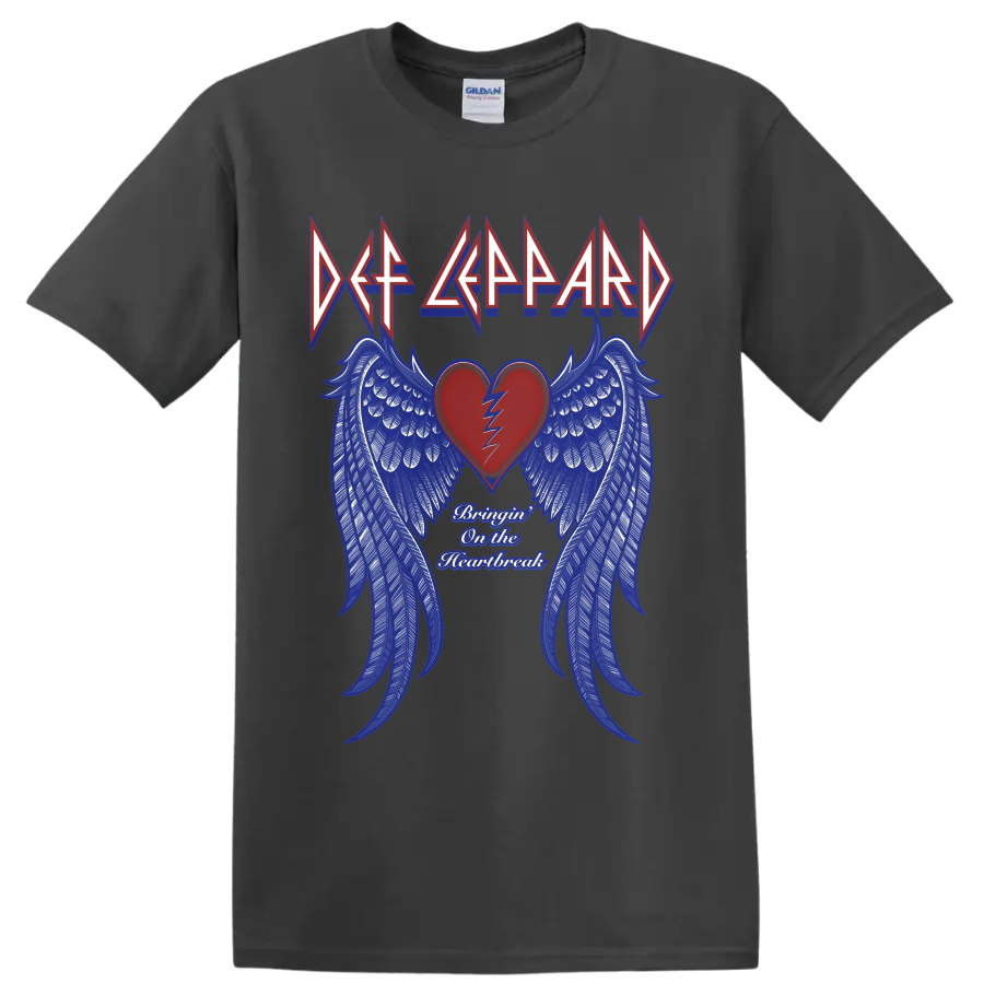 Def Leppard Bringin' on the Heartbreak broken heart and blue wing graphic on a Charcoal T Shirt