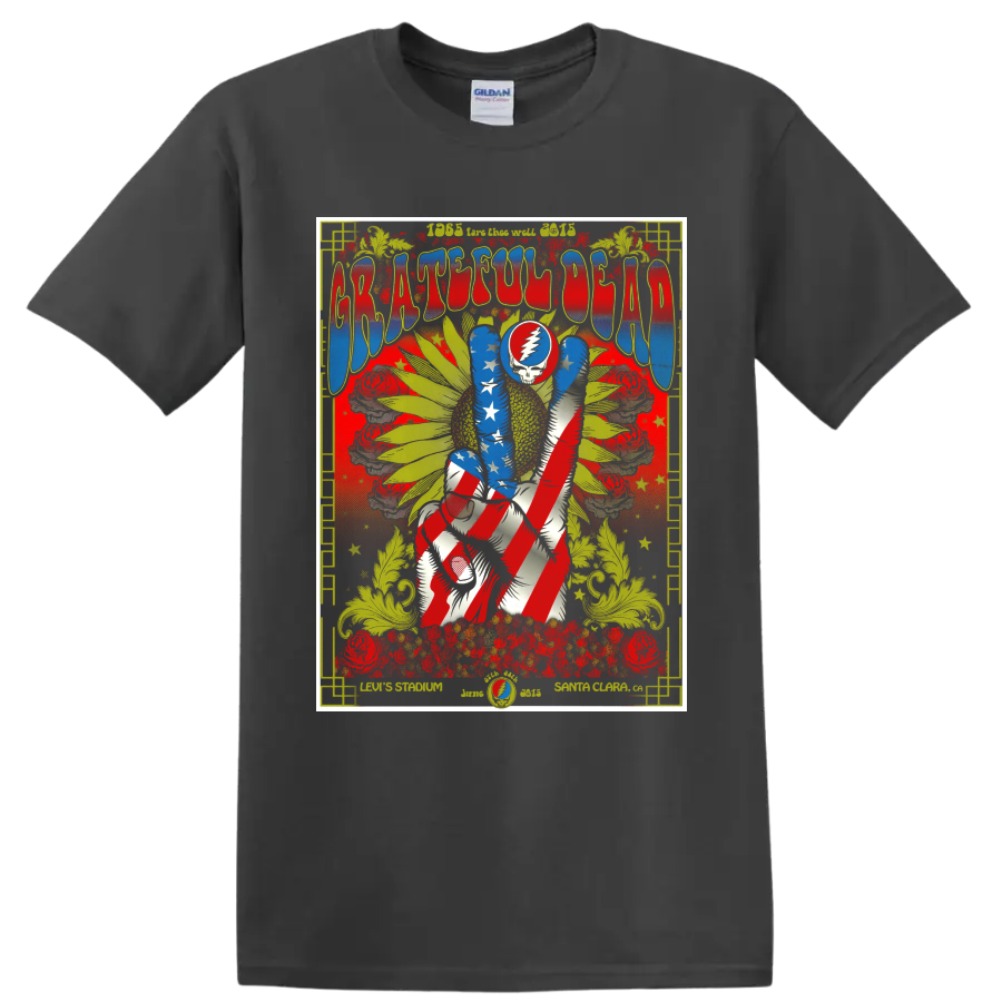 Grateful Dead Fare Thee Well psychedelic poster with lightning-bolt skull and dancing on a Charcoal T Shirt