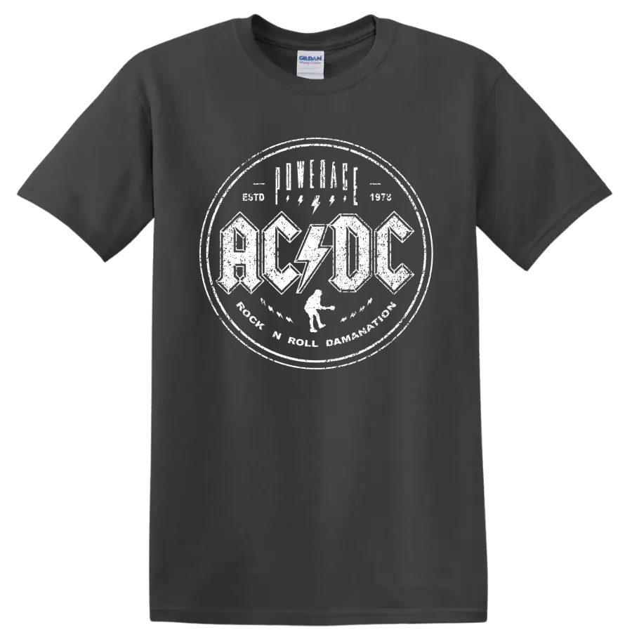 AC/DC Rock 'N' Roll Damnation distressed circular logo with lightning bolts on a Charcoal T Shirt