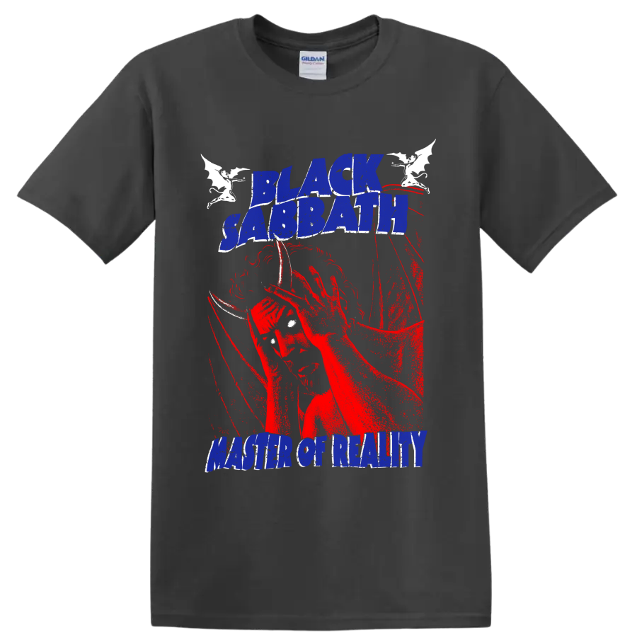 Black Sabbath Master of Reality distressed lettering with red guitarist and bats on a Charcoal T Shirt