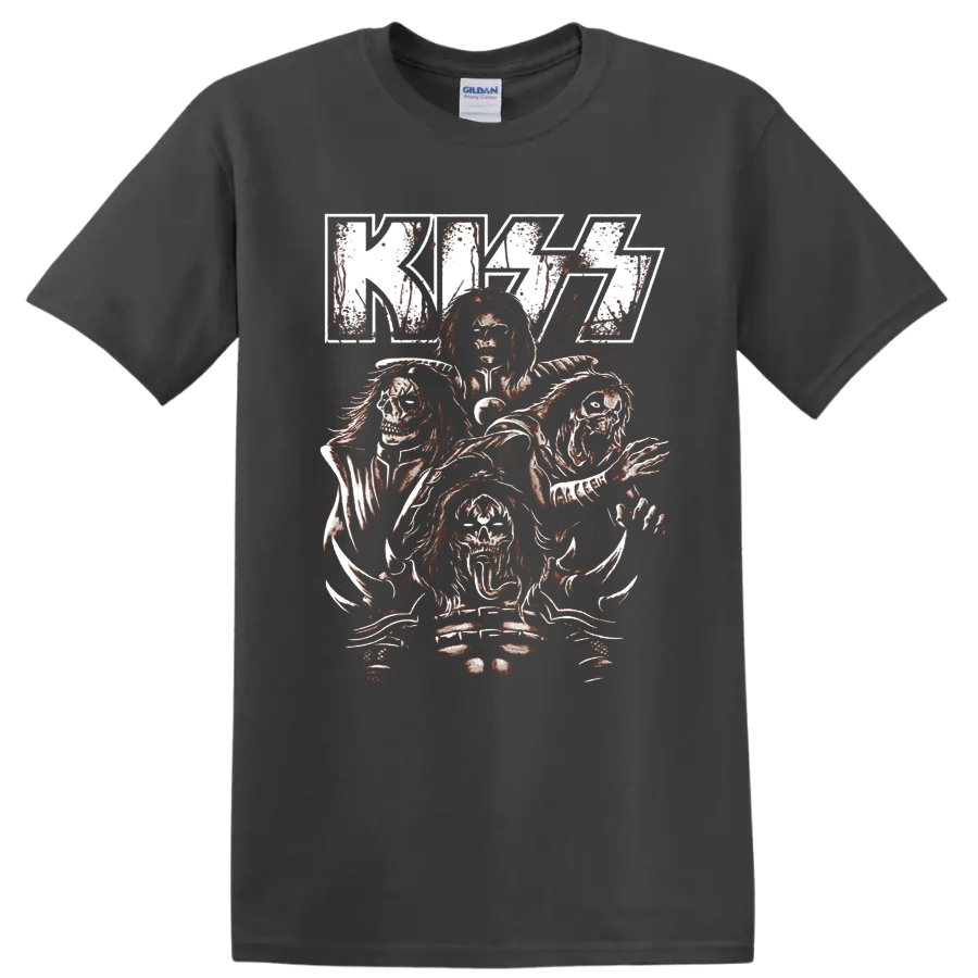 KISS logo with four distressed skull-faced rock figures and red splatter art on a Charcoal T Shirt