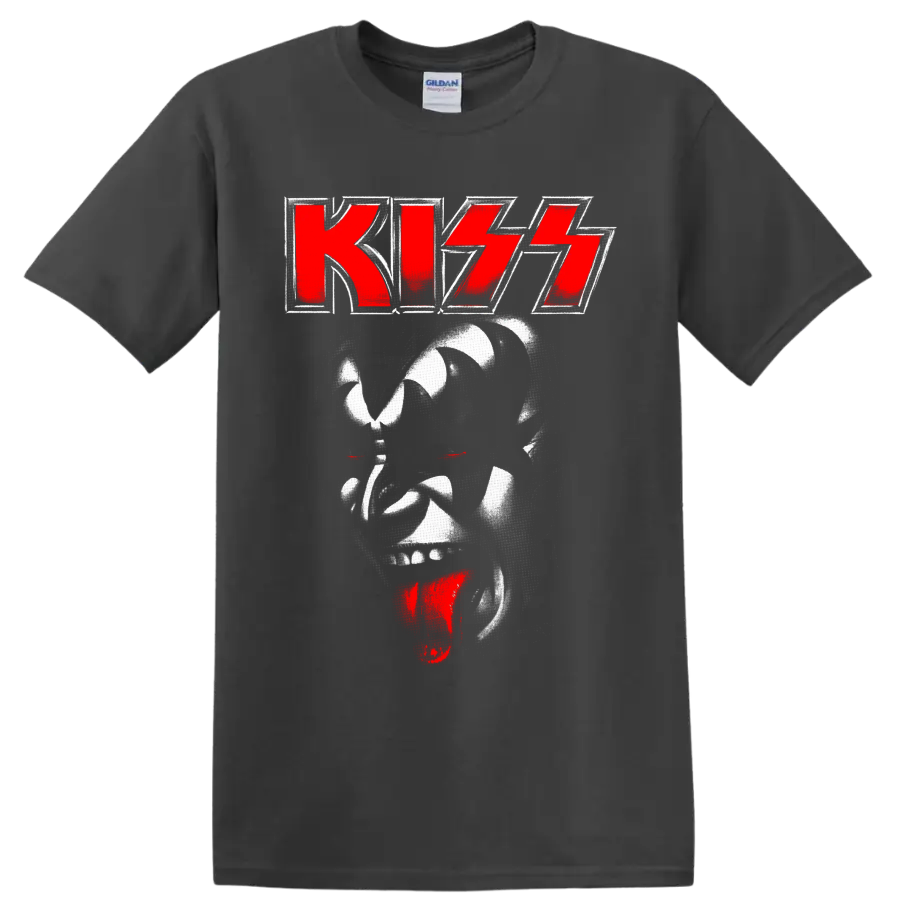 KISS red logo above distressed Demon face with red eyes and tongue graphic on a Charcoal T Shirt
