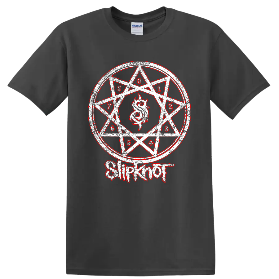 Distressed Slipknot numbered nonagram with horned emblem and red-and-white metal art on a Charcoal T Shirt