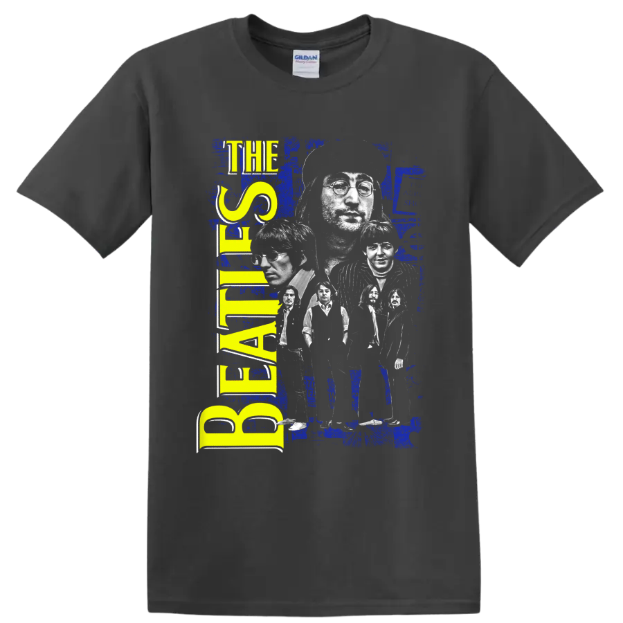 The Beatles distressed blue and yellow portrait collage with vertical band lettering on a Charcoal T Shirt