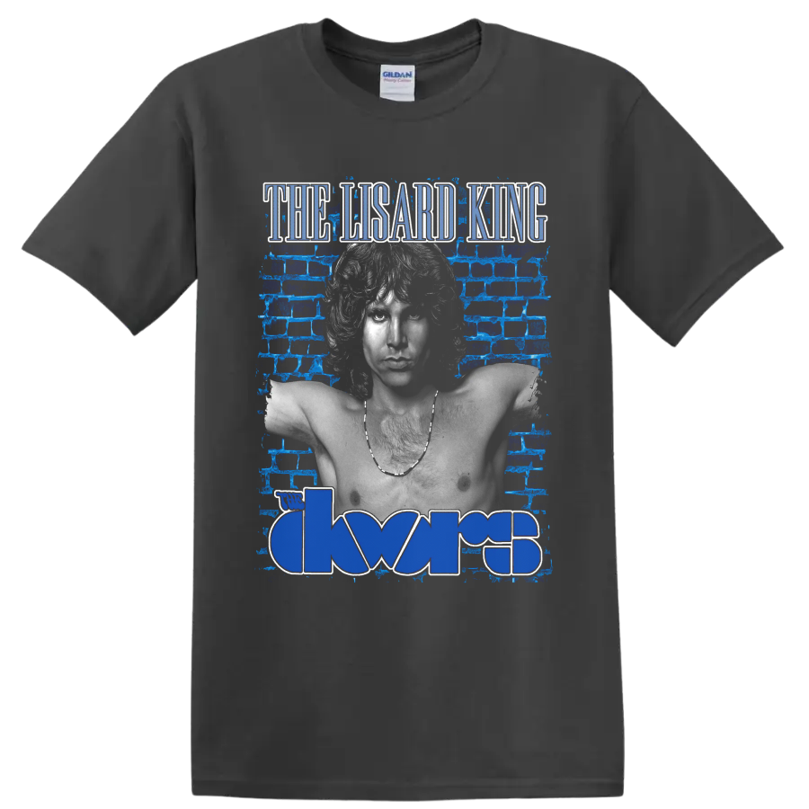Jim Morrison The Lizard King portrait with The Doors logo and blue brick wall on a Charcoal T Shirt