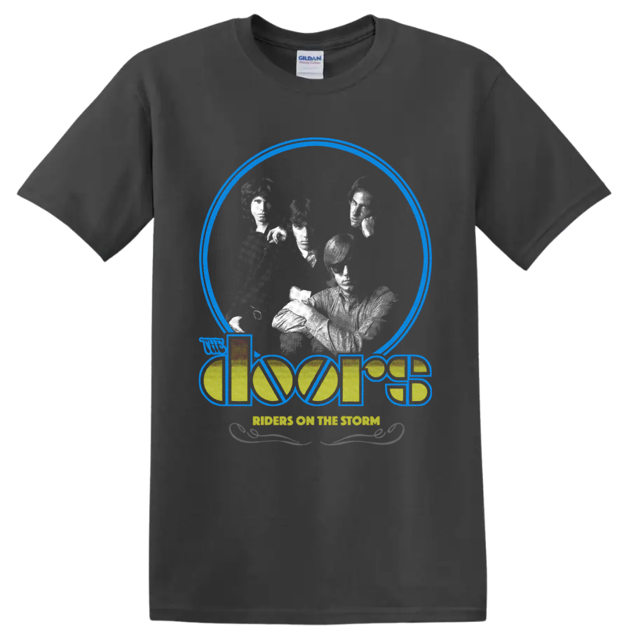 The Doors Riders on the Storm retro graphic with grayscale band portraits and logo on a Charcoal T Shirt