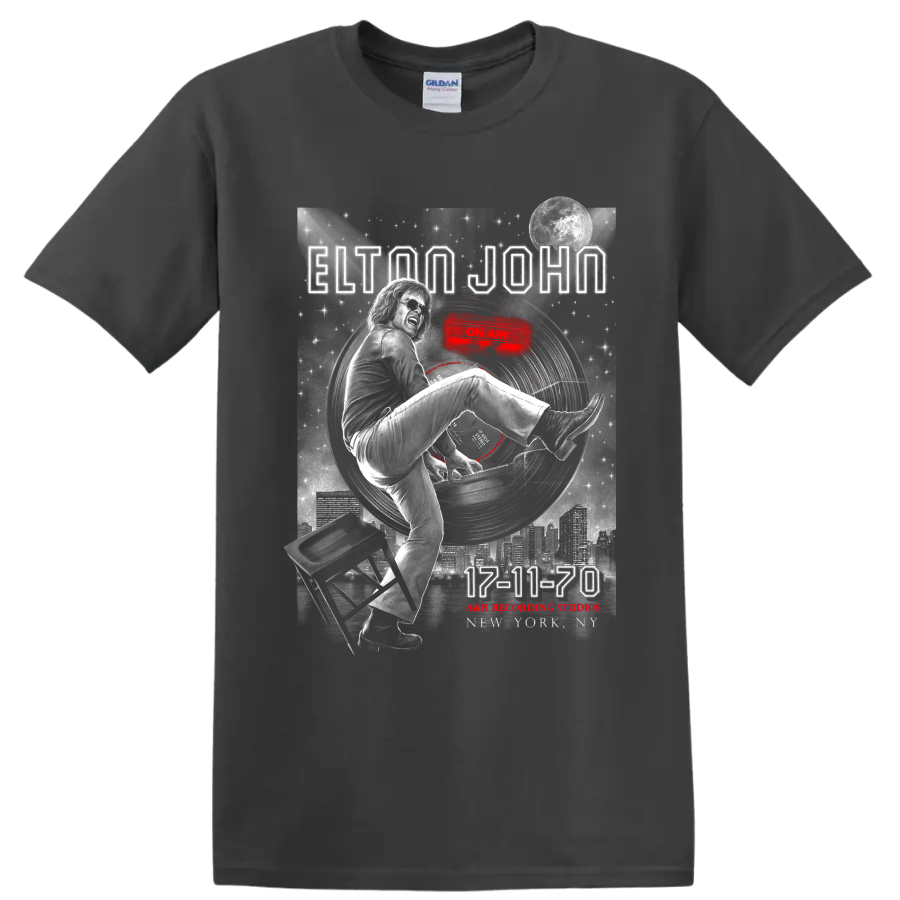 Elton John 17-11-70 vintage poster graphic with piano, moon, skyline, and red accents on a Charcoal T Shirt