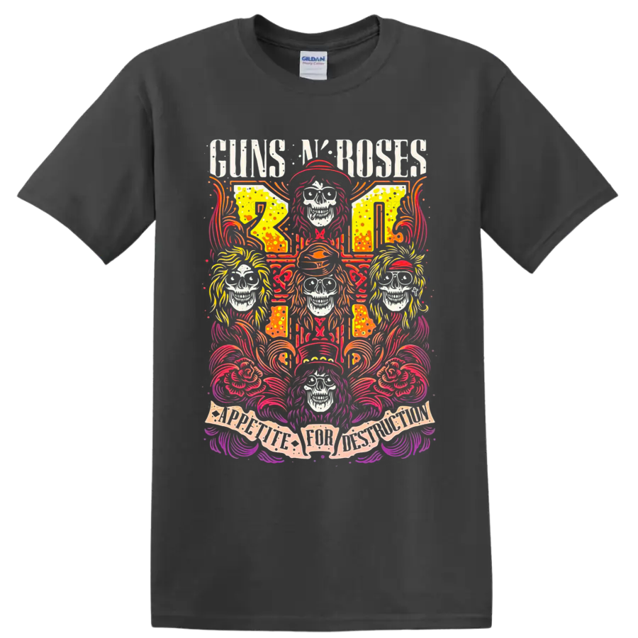 Guns N' Roses Appetite for Destruction skull and roses psychedelic rock art on a Charcoal T Shirt