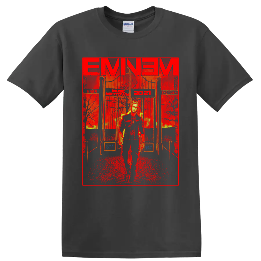Eminem in a dramatic red and gold Music Midtown 2021 festival performance graphic on a Charcoal T Shirt