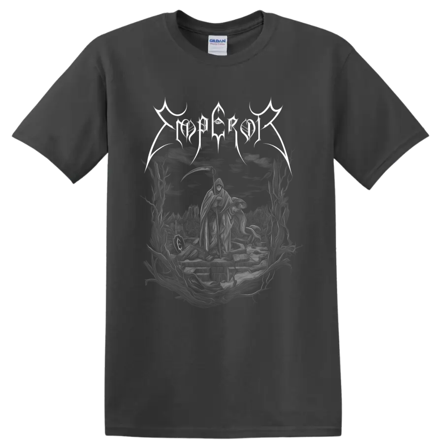 Emperor gothic logo above hooded figures in a dark black metal fantasy landscape on a Charcoal T Shirt
