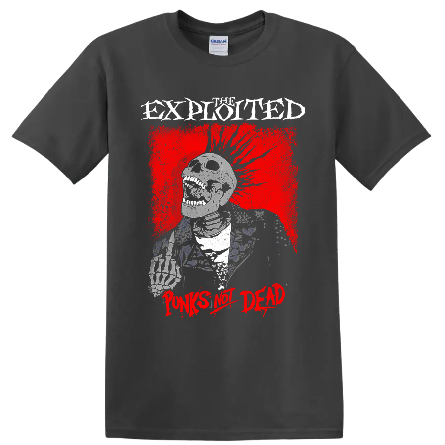 The Exploited Punks Not Dead skeletal punk graphic with distressed red artwork on a Charcoal T Shirt