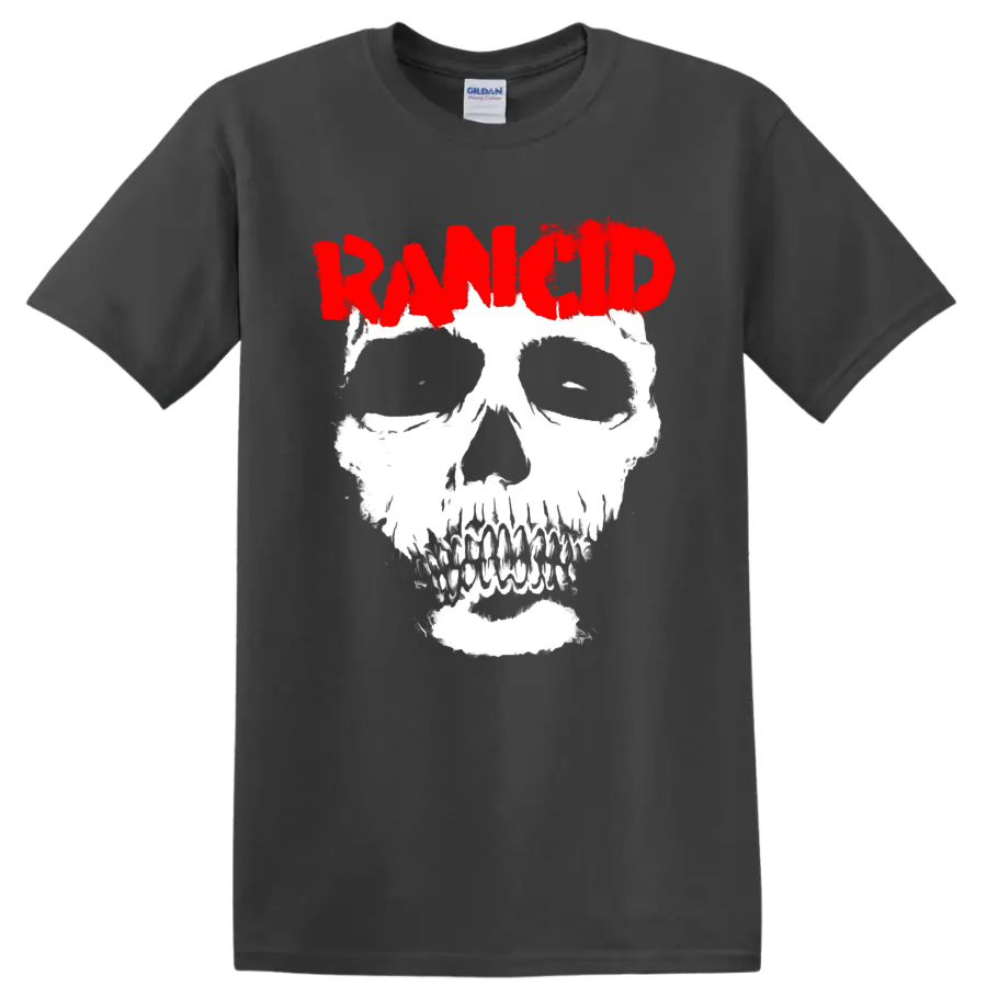 Rancid distressed red logo above a bold white skull punk graphic on a Charcoal T Shirt