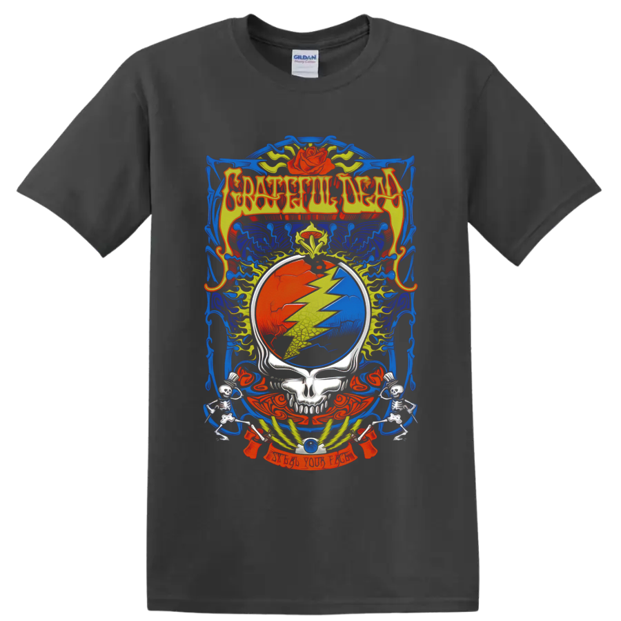Grateful Dead Steal Your Face skull lightning bolt with roses, wings, and skeletons on a Charcoal T Shirt