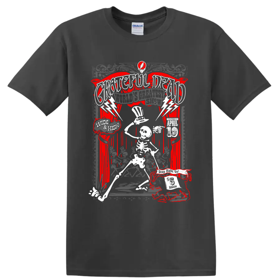 Grateful Dead World's Greatest Show skeleton and lightning concert poster graphic on a Charcoal T Shirt