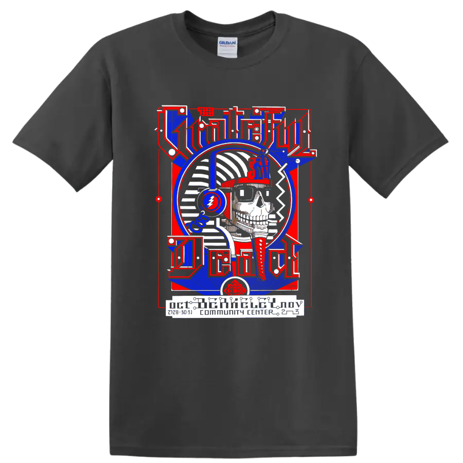 Grateful Dead Pharaoh skull poster with headphones and lightning bolt emblem on a Charcoal T Shirt