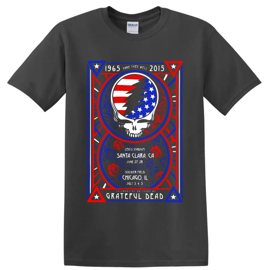 Grateful Dead Fare Thee Well poster with American flag lightning skull and roses on a Charcoal T Shirt