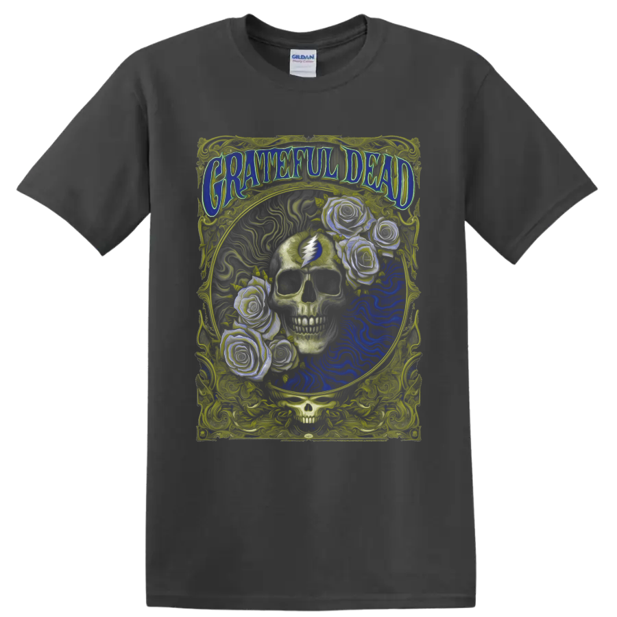 Grateful Dead psychedelic skull and roses poster art with lightning bolt symbol on a Charcoal T Shirt