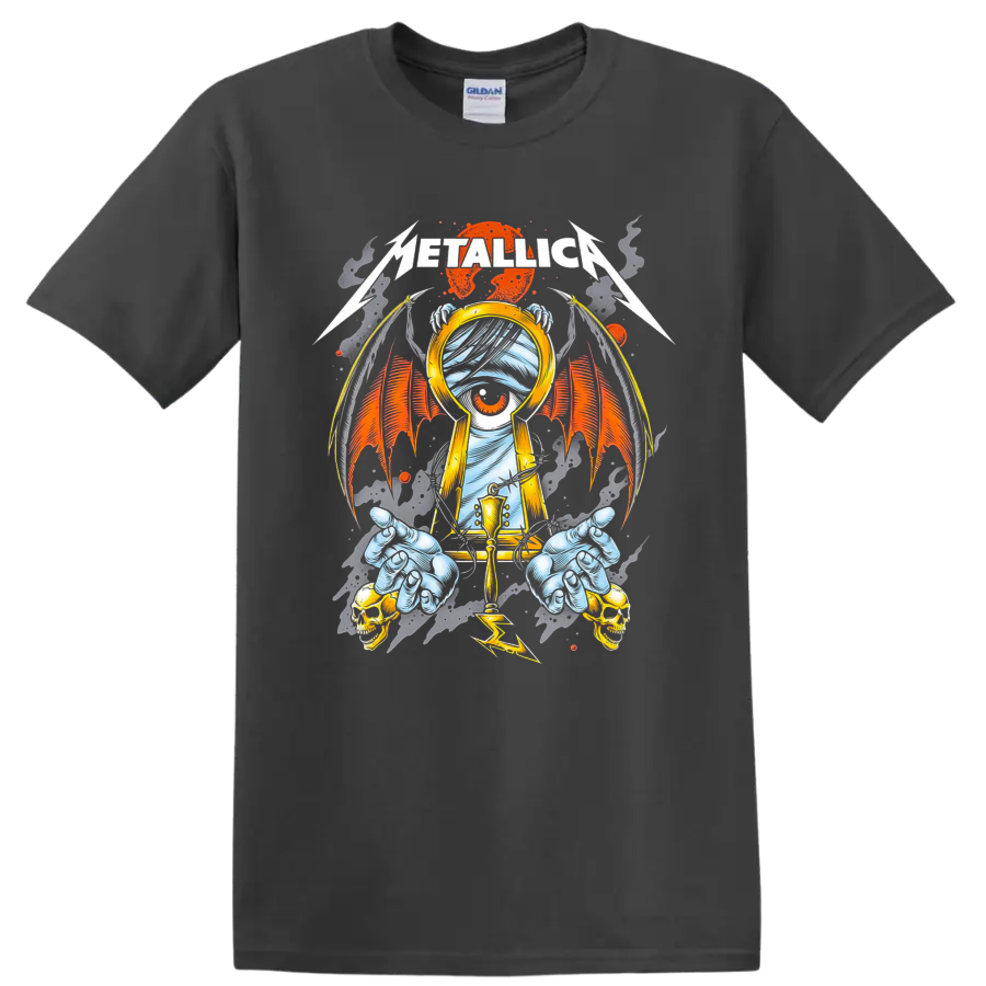 Metallica gothic keyhole eye artwork with bat wings, skulls, claws, and lightning on a Charcoal T Shirt