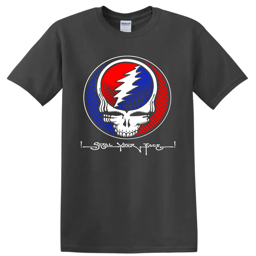 Grateful Dead Steal Your Face skull and lightning emblem in red, white, and blue on a Charcoal T Shirt