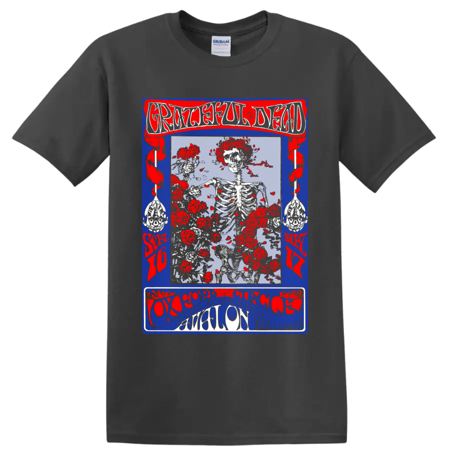 Grateful Dead skeleton and red roses distressed psychedelic concert poster graphic on a Charcoal T Shirt