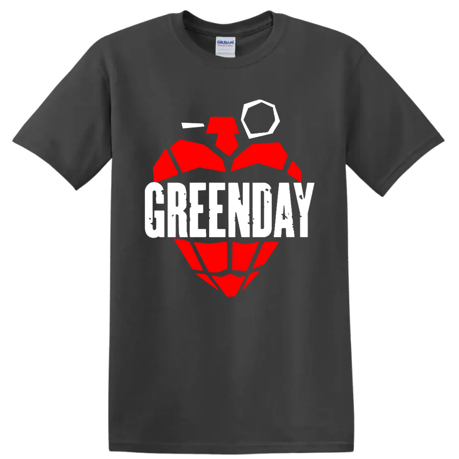 Green Day text over a distressed red grenade-heart punk rock graphic on a Charcoal T Shirt