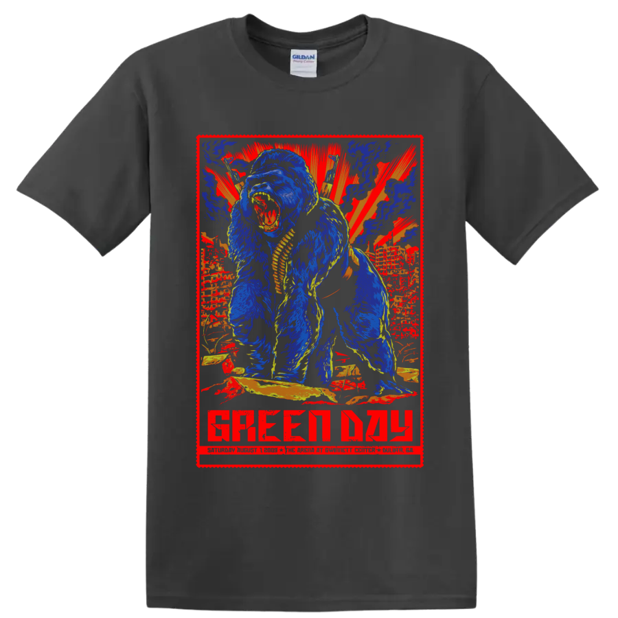 Green Day Duluth 2009 concert-poster graphic with roaring gorilla and sunburst on a Charcoal T Shirt