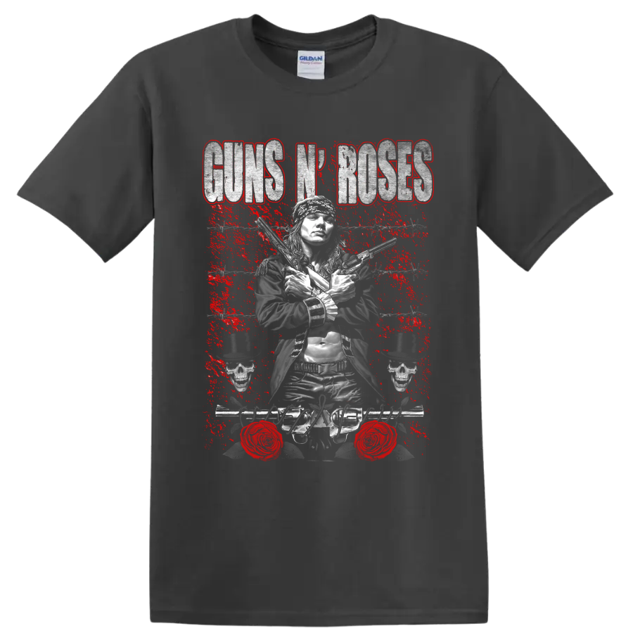 Axl Rose Guns N' Roses distressed rock graphic with crossed pistols and skulls on a Charcoal T Shirt