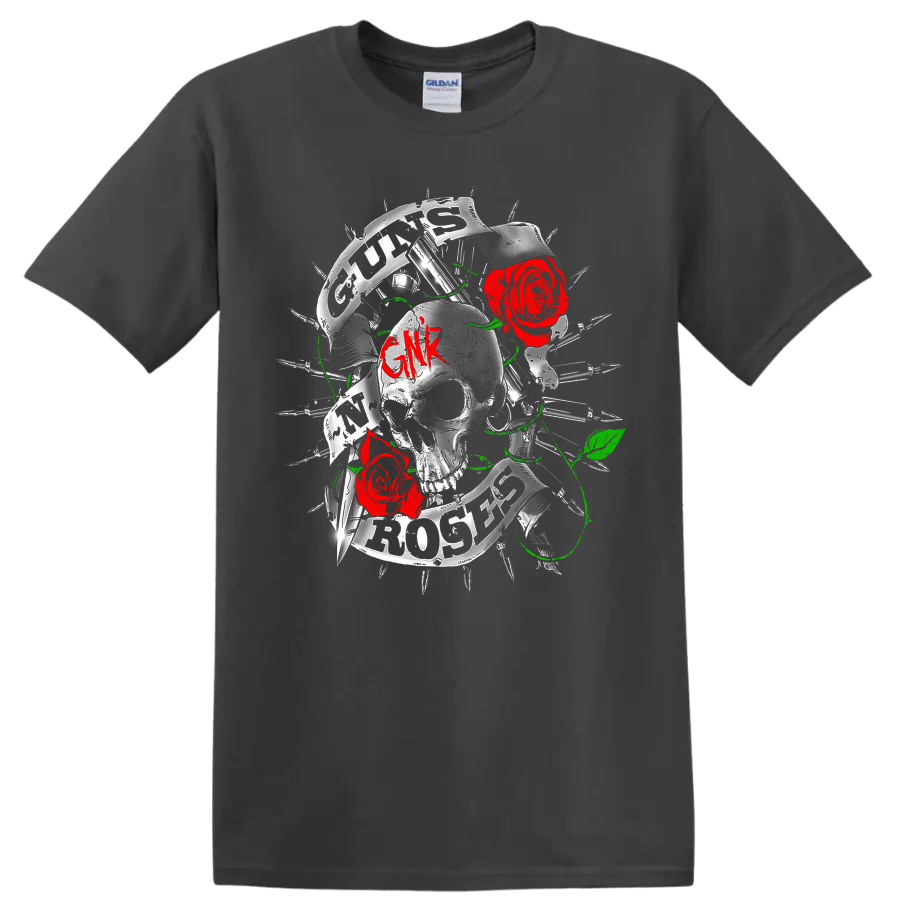 Guns N' Roses skull graphic with red roses, barbed wire, green vines, and GNR lettering on a Charcoal T Shirt