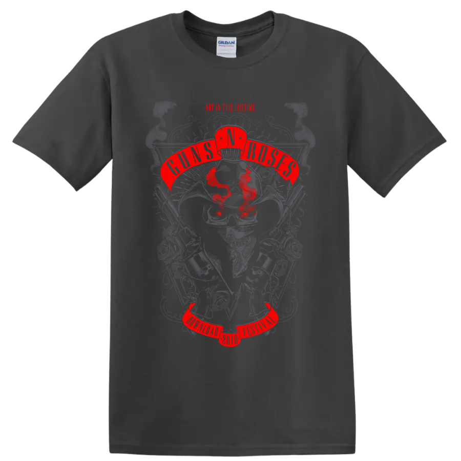 Guns N' Roses tribute poster graphic with skull, roses, pistols, and red banners on a Charcoal T Shirt