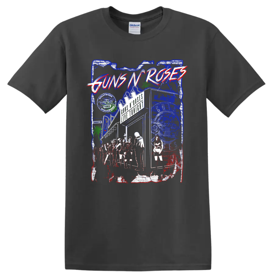 Guns N' Roses distressed Sunset Boulevard Hollywood rock collage graphic on a Charcoal T Shirt