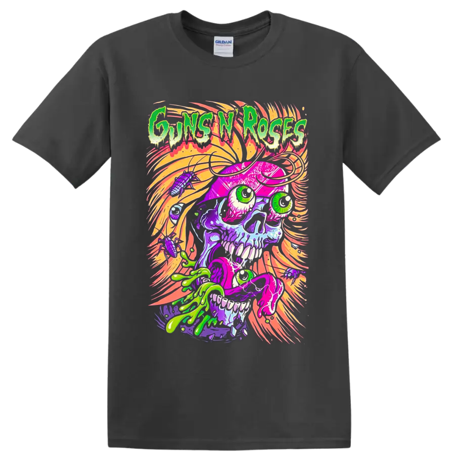 Guns N' Roses neon psychedelic skull with slime, eyeballs, insects, and swirling flames on a Charcoal T Shirt