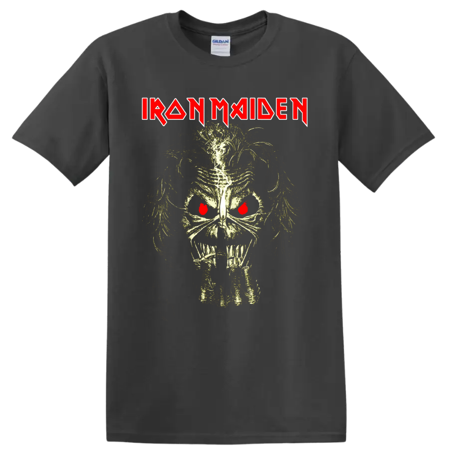 Iron Maiden logo above distressed Eddie skeletal skull with red eyes on a Charcoal T Shirt