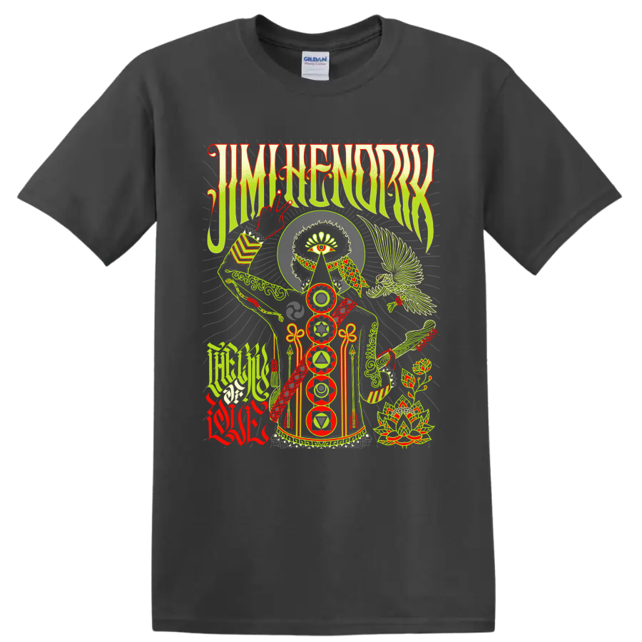 Jimi Hendrix The Cry of Love psychedelic graphic with eye, guitar, bird, and chakra on a Charcoal T Shirt