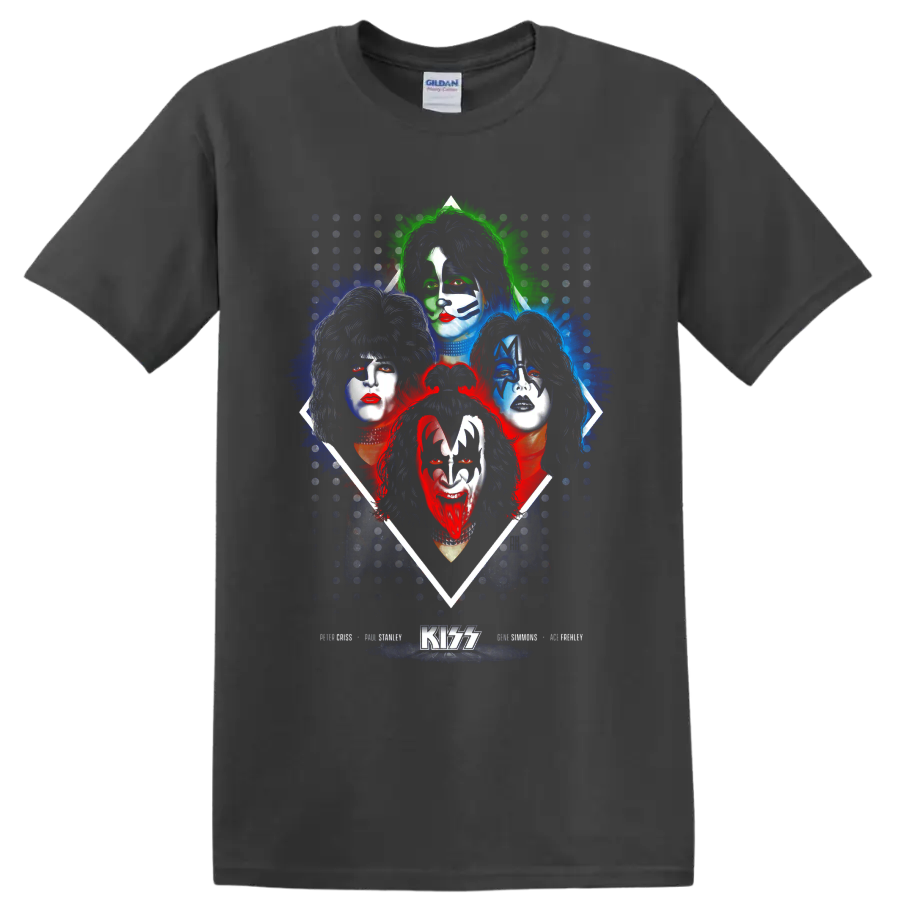 KISS original lineup portraits in face paint with colorful splatter and KISS logo on a Charcoal T Shirt