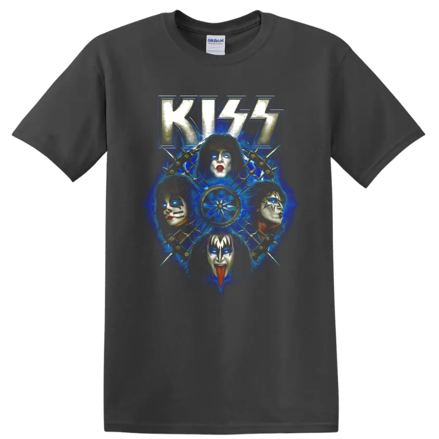 KISS Rock and Roll Over blue collage with four stage-painted faces and radial emblem on a Charcoal T Shirt