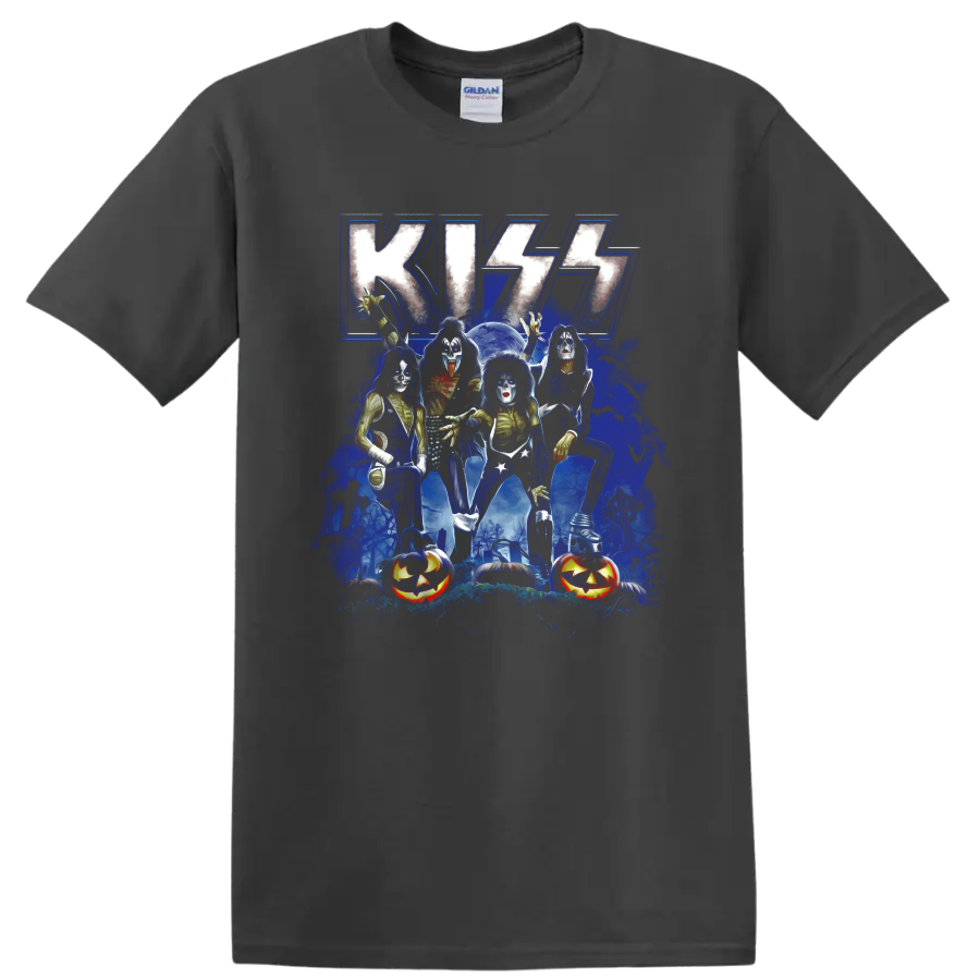 KISS band makeup graphic with graveyard, bats, moon, and jack-o-lanterns on a Charcoal T Shirt