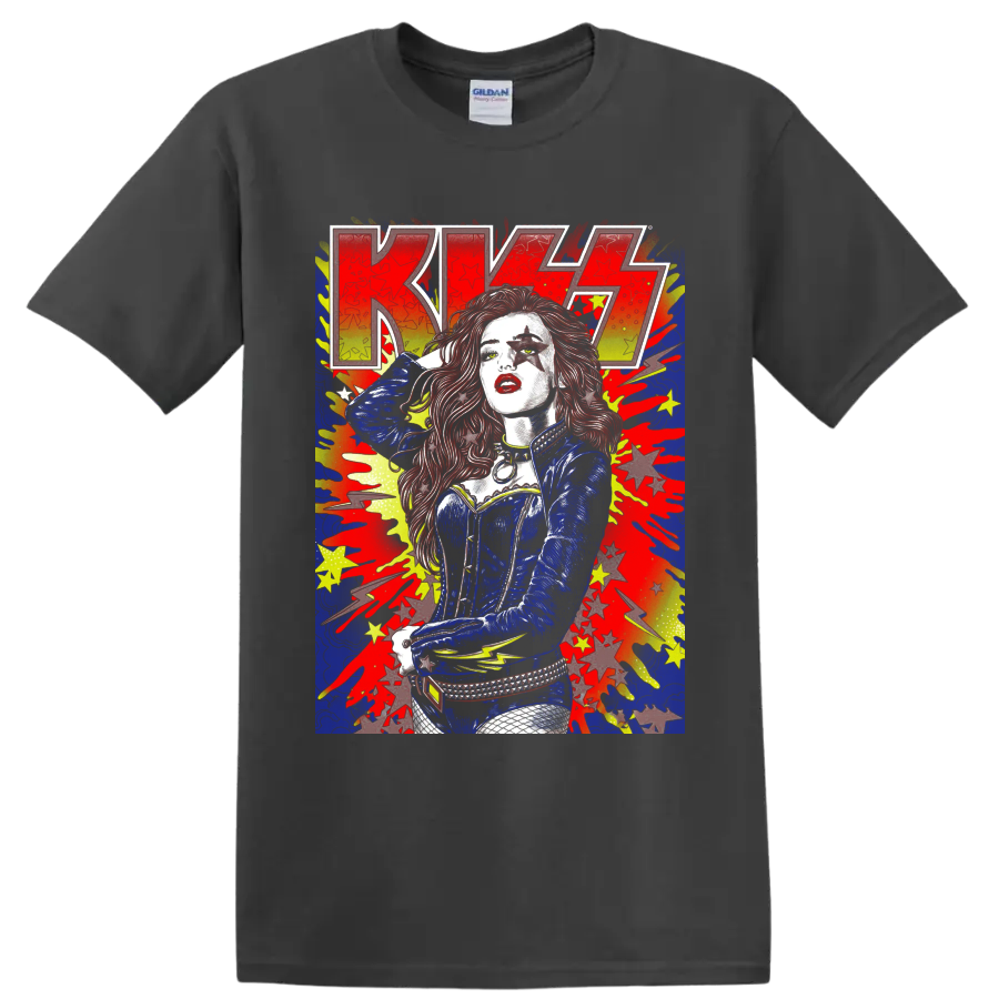 KISS concert poster-style graphic with star-painted performer, splatters, stars, and on a Charcoal T Shirt