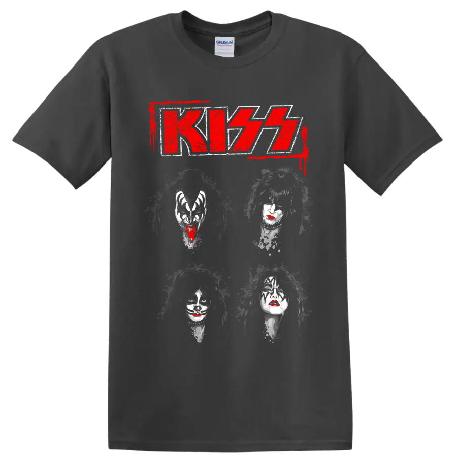 KISS logo with distressed portraits of the four original members on a Charcoal T Shirt