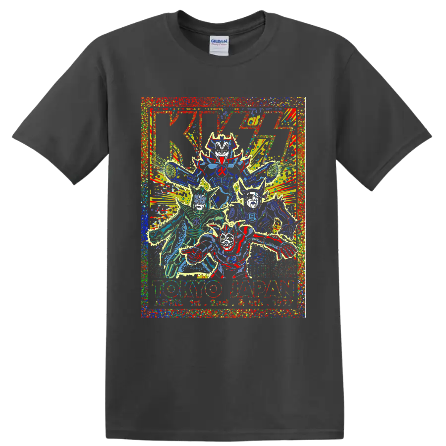 KISS Tokyo Japan concert poster graphic with stylized band figures and lightning on a Charcoal T Shirt