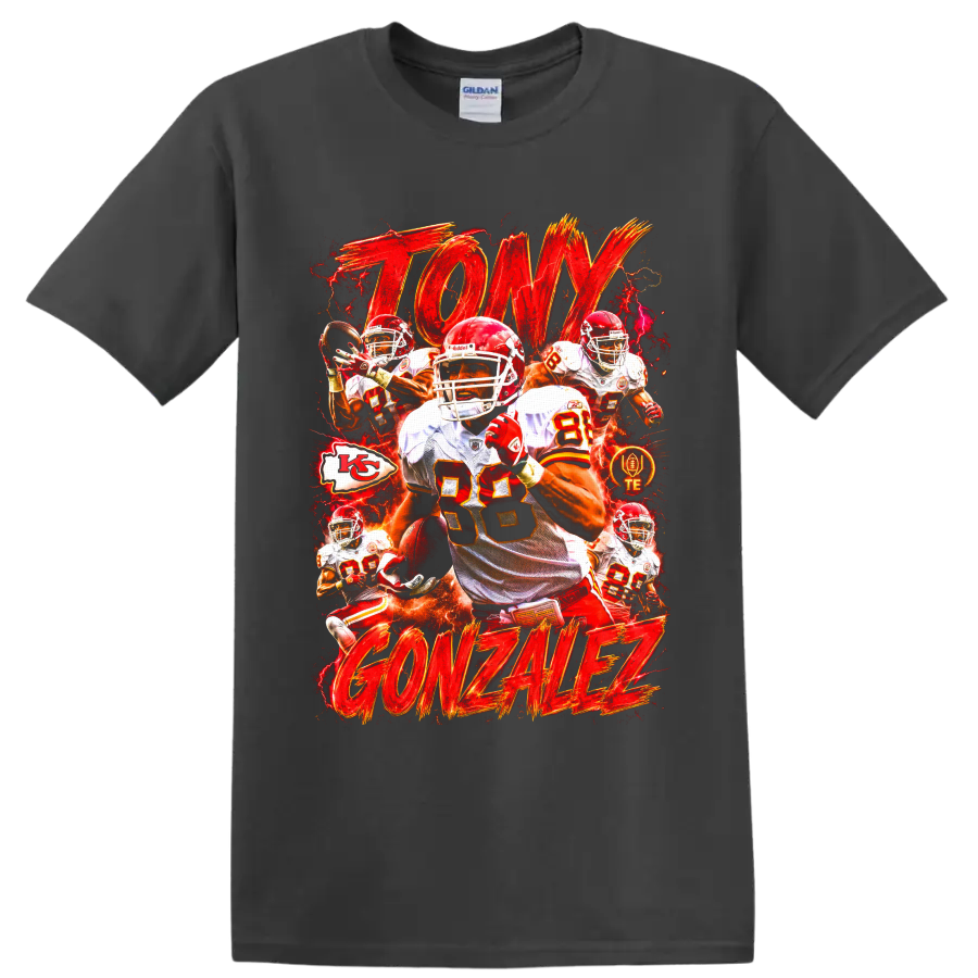 Tony Gonzalez Kansas City Chiefs tight end action collage with fiery red gold lettering on a Charcoal T Shirt