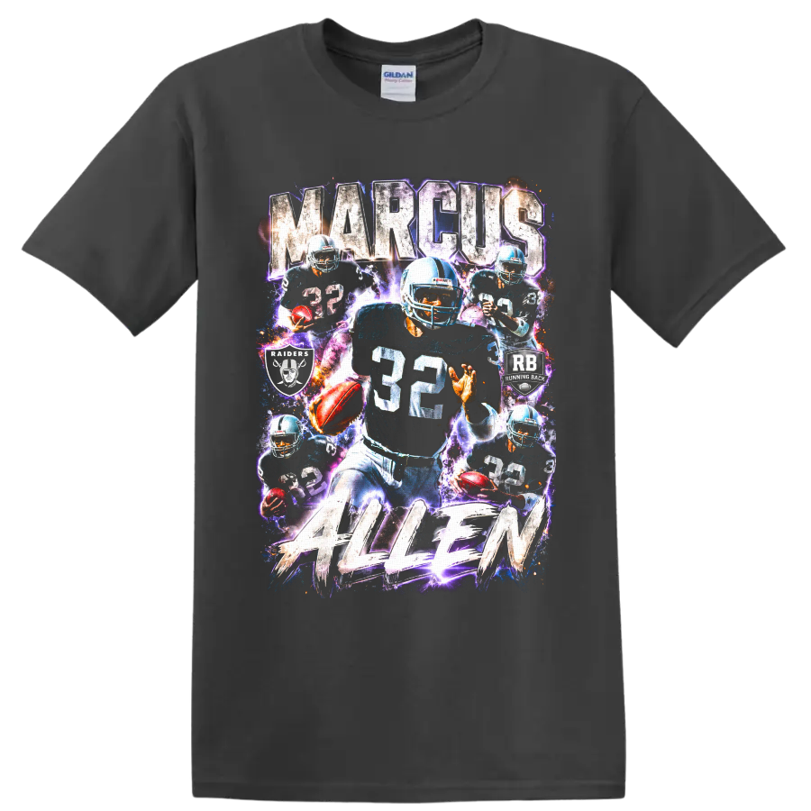 Marcus Allen Los Angeles Raiders number 32 running back electric collage graphic on a Charcoal T Shirt